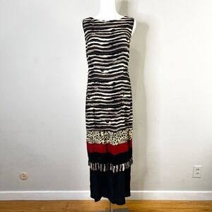 Newport News Vintage Maxi Dress‎ Sleeveless Striped Animal Print Red Black 90s